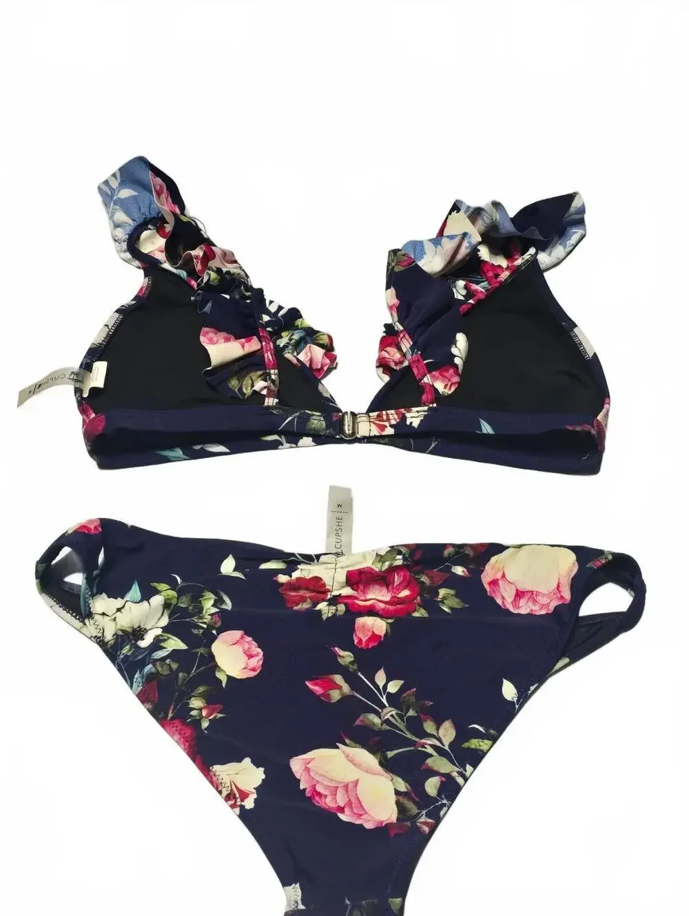 CUPSHE Women’s Size M Navy Floral Ruffle Bikini Two Piece Swimsuit